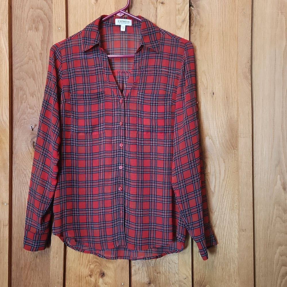 Express Portifino Sheer Button Down Long Sleeve Shirt, Small, Red Black Plaid